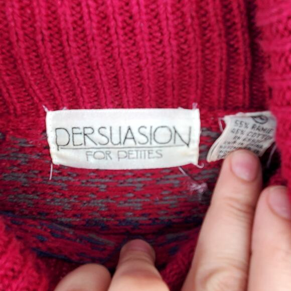 Vintage Maroon Red Granny Houndstooth Stripe Mock Turtleneck Tunic Sweater PL - Picture 5 of 10